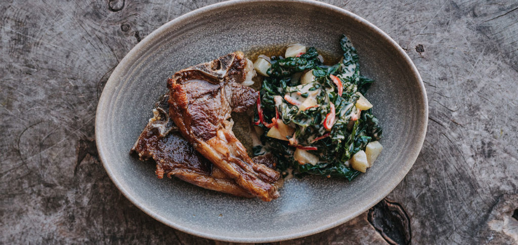 Goat chops with cavolo nero, chilli and peanut by Gelf Alderson