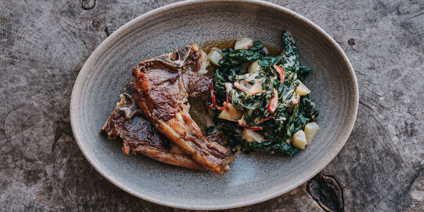 Goat chops with cavolo nero, chilli and peanut by Gelf Alderson